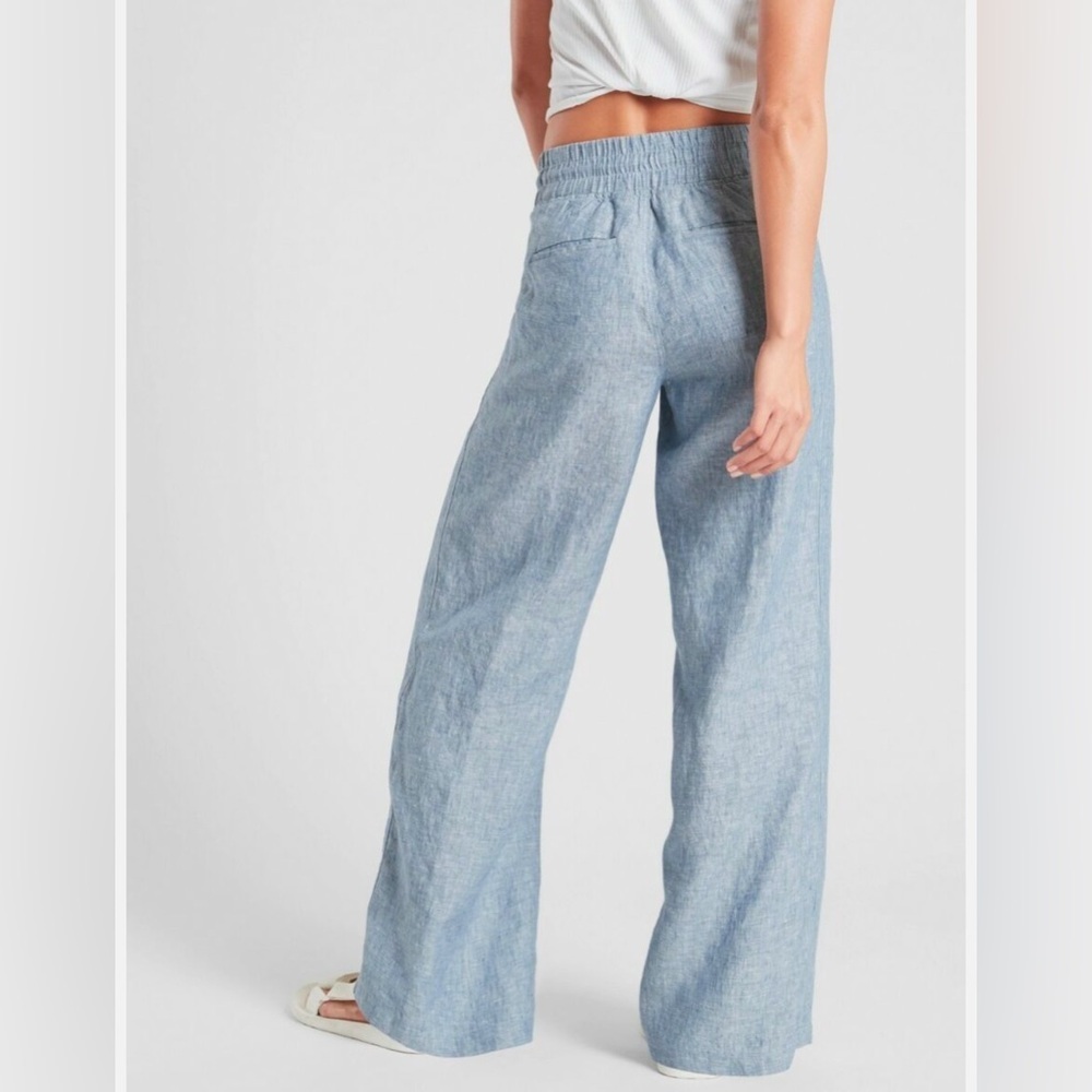 Athleta Cabo Linen Wide Leg Chambray Blue Zipper Pocket Pants #447244 EUC Size 8 - Picture 2 of 12
